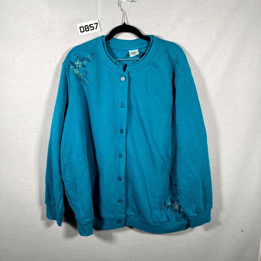 Blair Cardigan Sweater Womens 2XLP Blue Embroidered Fleece Lined Button Front